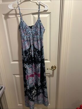 ECI Black and Blue Paisley Satin Maxi Dress with Pink Accents